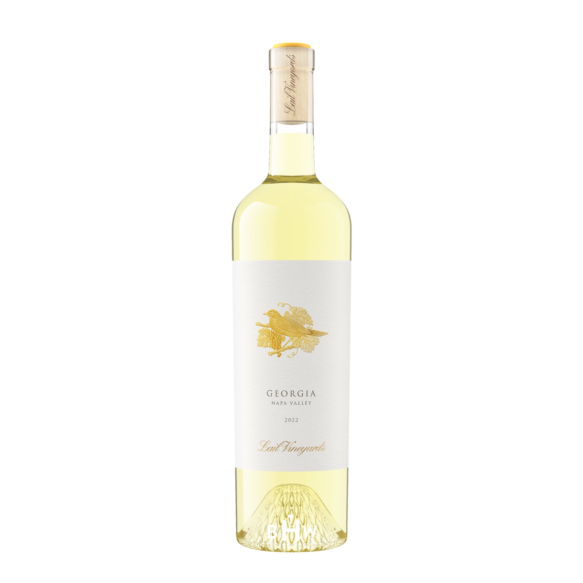 A bottle of 2023 Lail Vineyards Georgia Sauvignon Blanc from Napa Valley, featuring a white label with a gold bird illustration, curated by big hammer wines.