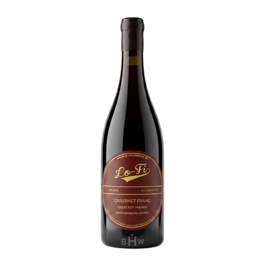 A single bottle of 2023 Lo-Fi Cabernet Franc from Coquelicot Vineyard in Santa Barbara County, featuring a round, dark maroon and gold label, curated by big hammer wines