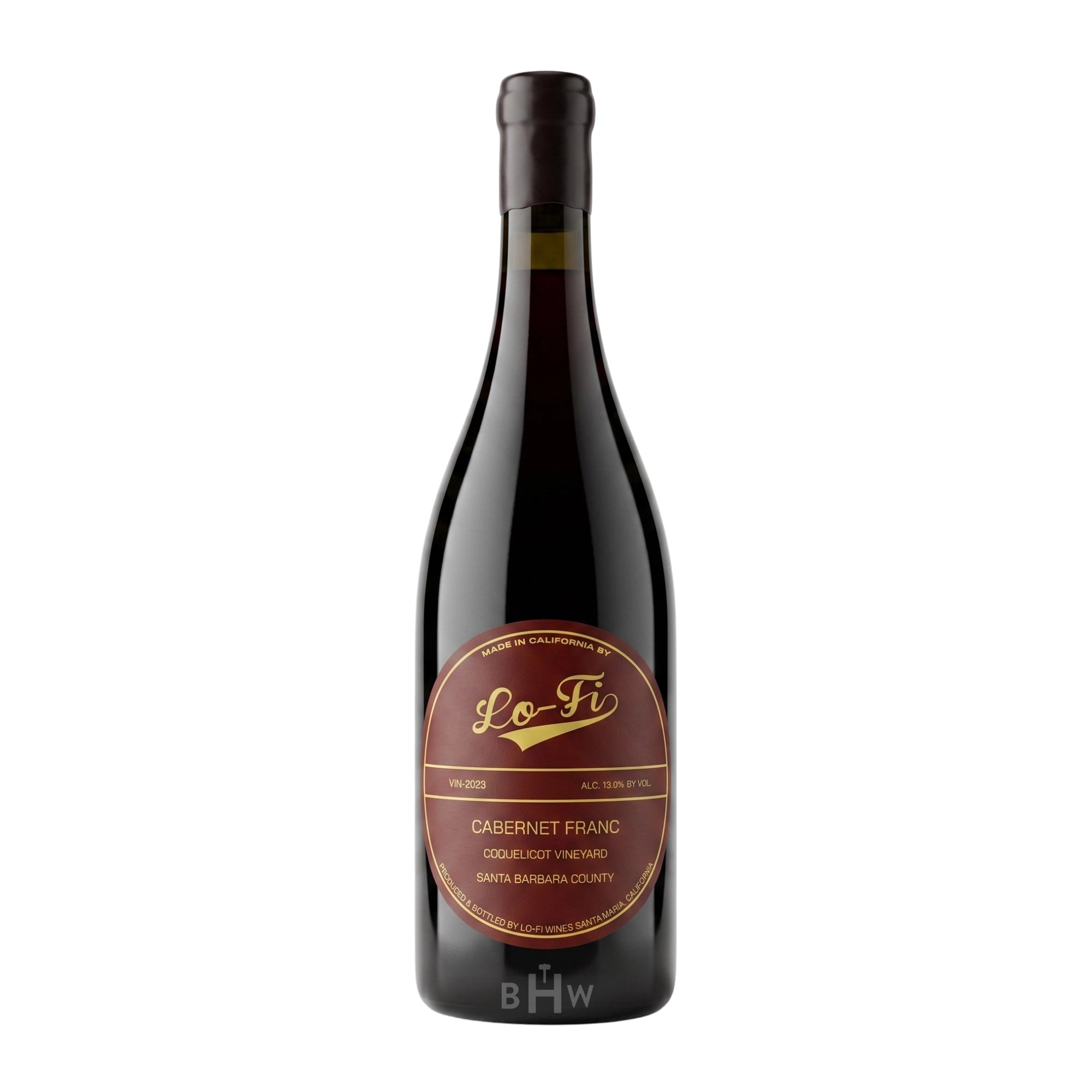 A single bottle of 2023 Lo-Fi Cabernet Franc from Coquelicot Vineyard in Santa Barbara County, featuring a round, dark maroon and gold label, curated by big hammer wines