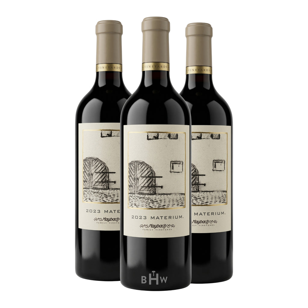 Three bottles of 2023 Maybach Family Vineyards Materium Cabernet Sauvignon Oakville red wine with white and gold labels, curated by Big Hammer Wines