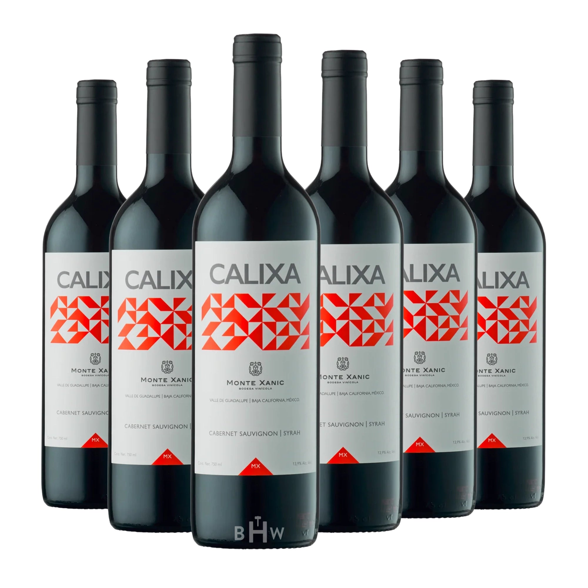 Six bottles of 2023 Monte Xanic Calixa Cabernet Sauvignon Syrah red wine, curated by Big Hammer Wines.