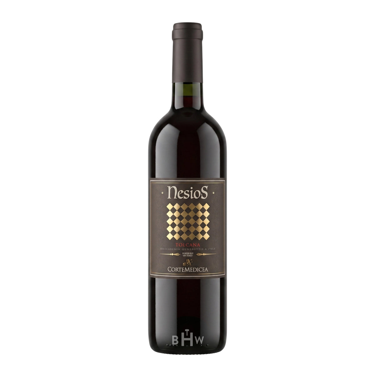A bottle of 2023 Nesios Cabernet-Sangiovese Super Tuscan IGT red wine, curated by Big Hammer Wines.