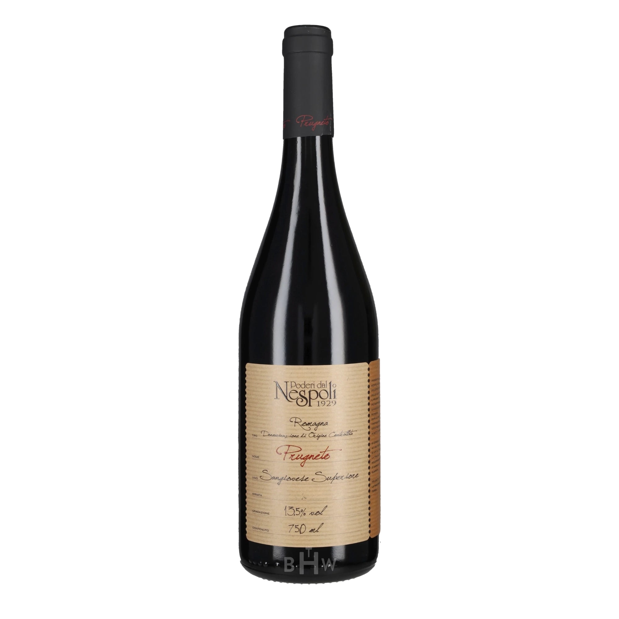 A bottle of 2023 Nespoli Sangiovese Romagna Superiore "Prugneto" red wine, curated by big hammer wines