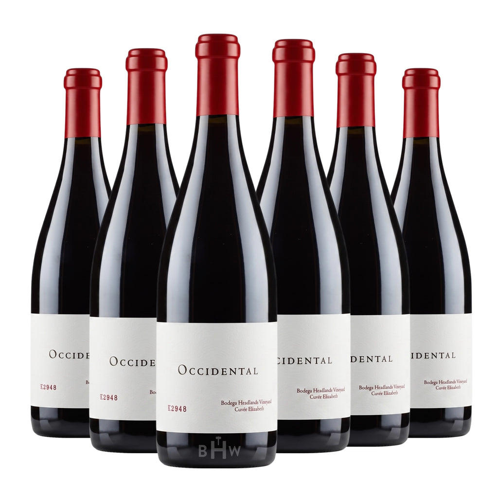 Six bottles of 2023 Occidental Bodega Headlands Vineyard Cuvée Elizabeth Pinot Noir Sonoma Coast red wine. Curated by Big Hammer Wines.