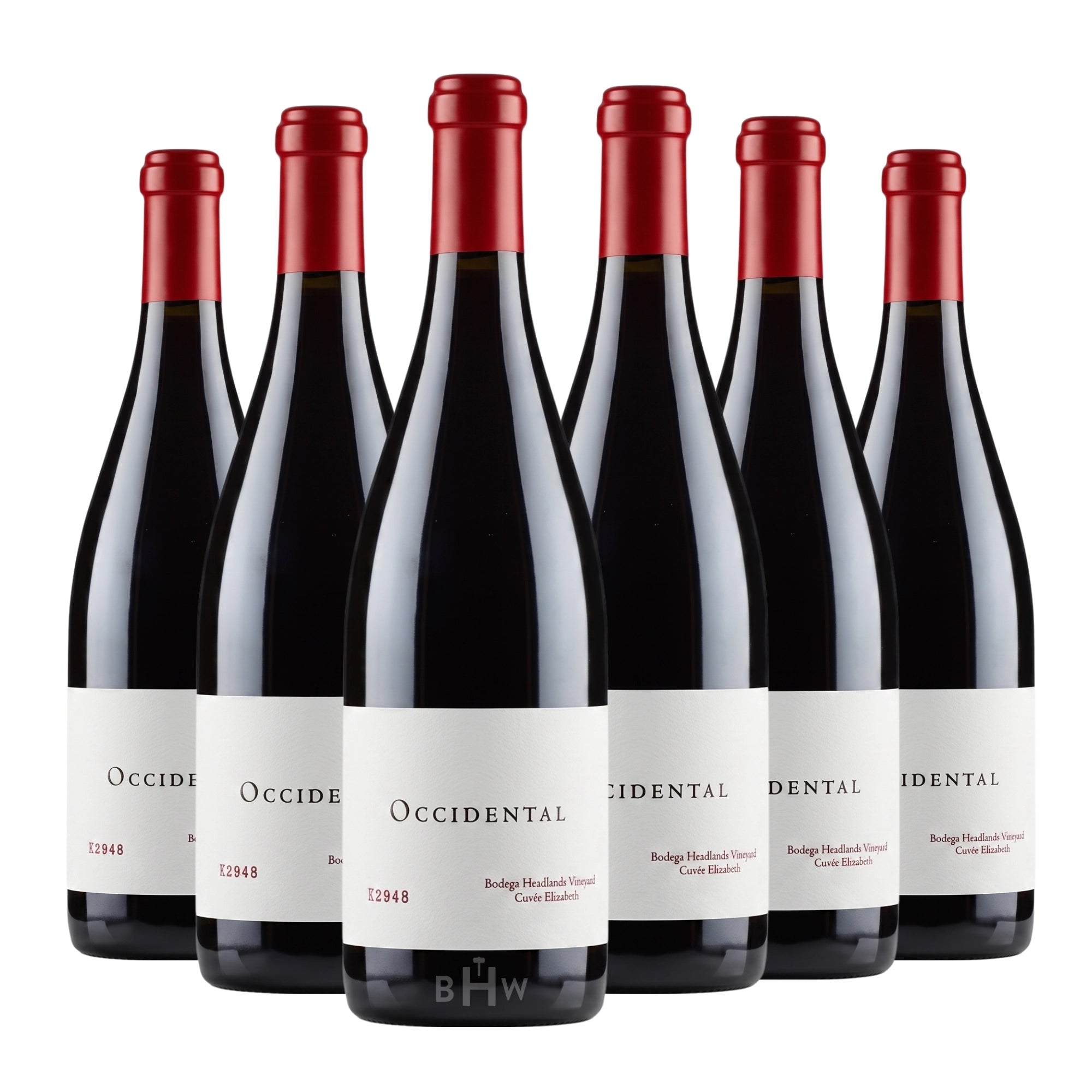 Six bottles of 2023 Occidental Bodega Headlands Vineyard Cuvée Elizabeth Pinot Noir Sonoma Coast red wine. Curated by Big Hammer Wines.