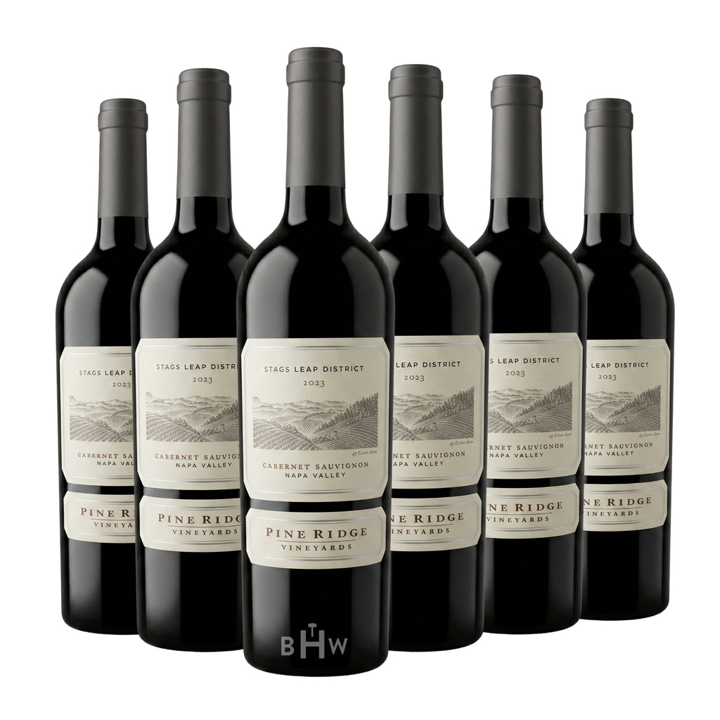 Six bottles of 2023 Pine Ridge Vineyards Stags Leap District Cabernet Sauvignon Napa Valley red wine with white and grey labels, curated by Big Hammer Wines