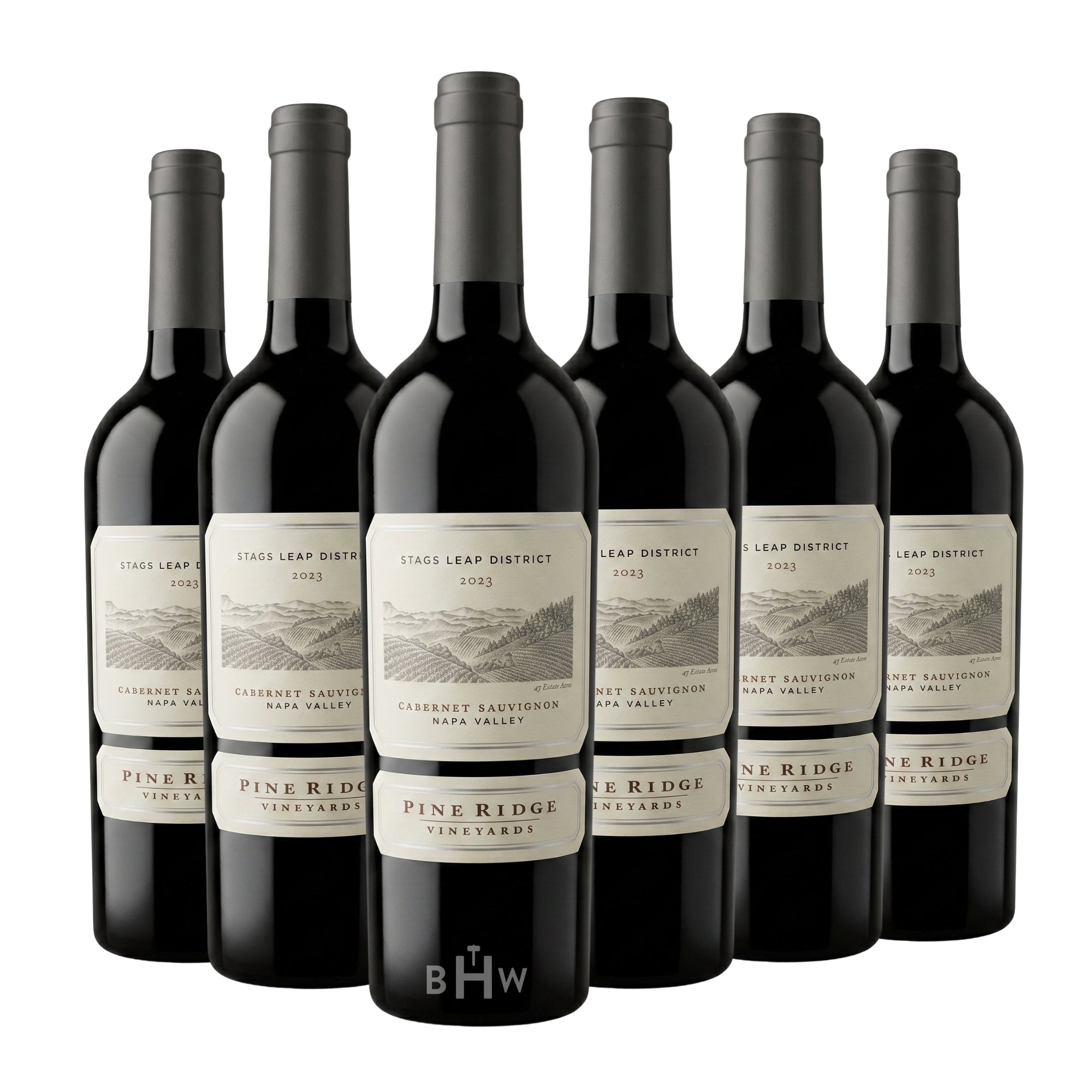 Six bottles of 2023 Pine Ridge Vineyards Stags Leap District Cabernet Sauvignon Napa Valley red wine with white and grey labels, curated by Big Hammer Wines