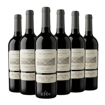 Six bottles of 2023 Pine Ridge Vineyards Stags Leap District Cabernet Sauvignon Napa Valley red wine with white and grey labels, curated by Big Hammer Wines