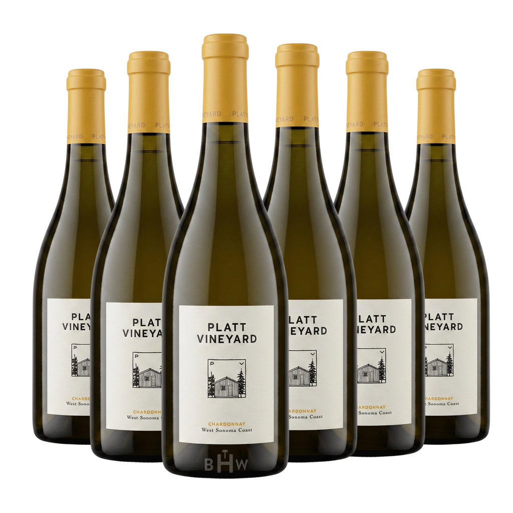 Six bottles of 2023 Platt Vineyard West Sonoma Coast Chardonnay white wine. Curated by Big Hammer Wines.