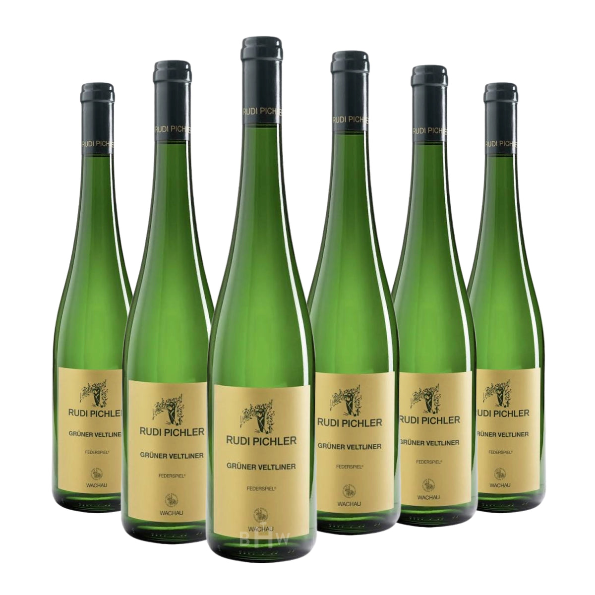 Six bottles of 2023 Rudi Pichler 'Federspiel' Wachau Grüner Veltliner white wine. Curated by Big Hammer Wines.