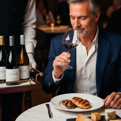 Man in a suit tasting red wine with a plate of food and wine bottles in the background