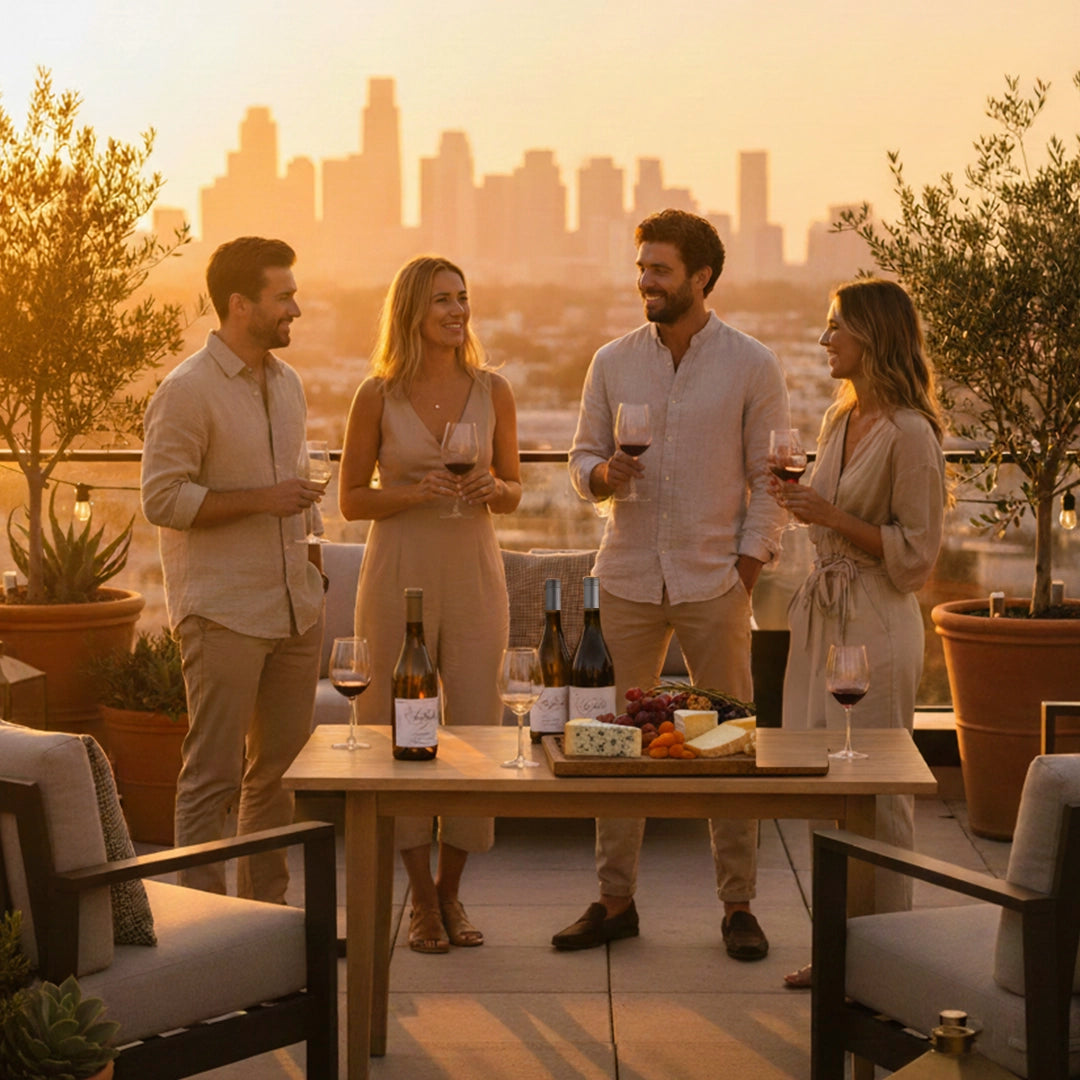 Four people enjoying wine and snacks on a rooftop with a city skyline in the background
