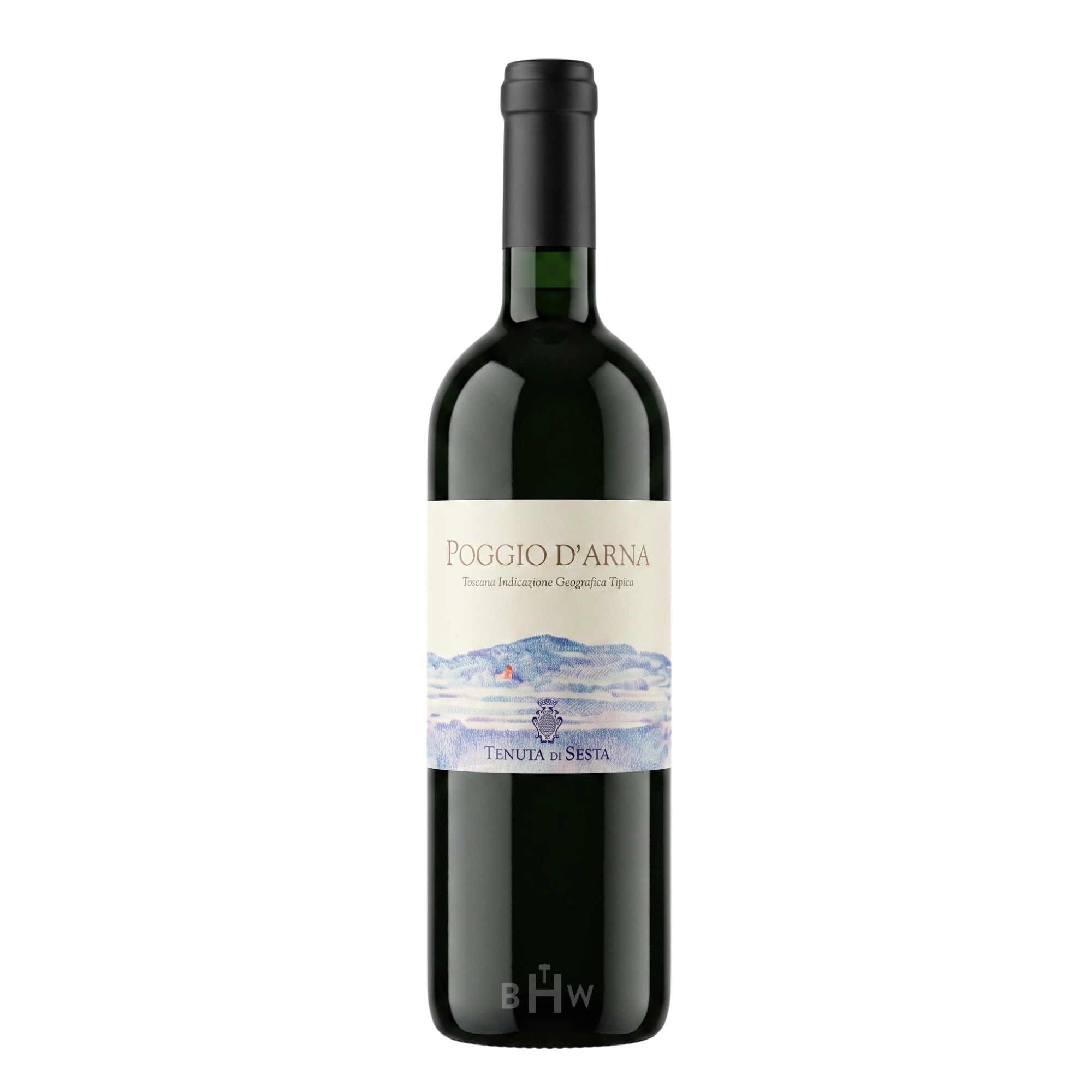 A bottle of 2023 Sesta Super Tuscan "Poggio d'Arna" Tuscany red wine, curated by Big Hammer Wines.