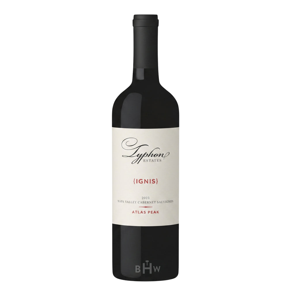 A bottle of 2023 Typhon Estates 'Ignis' Cabernet Sauvignon from Atlas Peak, Napa Valley, featuring a clean cream-colored label with elegant cursive branding and red accents