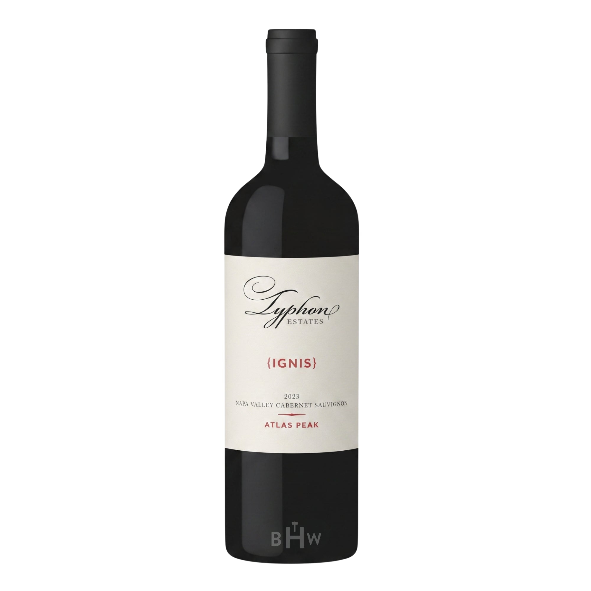 A bottle of 2023 Typhon Estates 'Ignis' Cabernet Sauvignon from Atlas Peak, Napa Valley, featuring a clean cream-colored label with elegant cursive branding and red accents