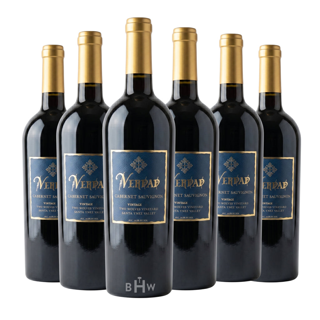 A six-pack of 2023 Verdad Two Wolves Vineyard Cabernet Sauvignon 750ml wine bottles from Santa Ynez Valley, curated by Big Hammer Wines.