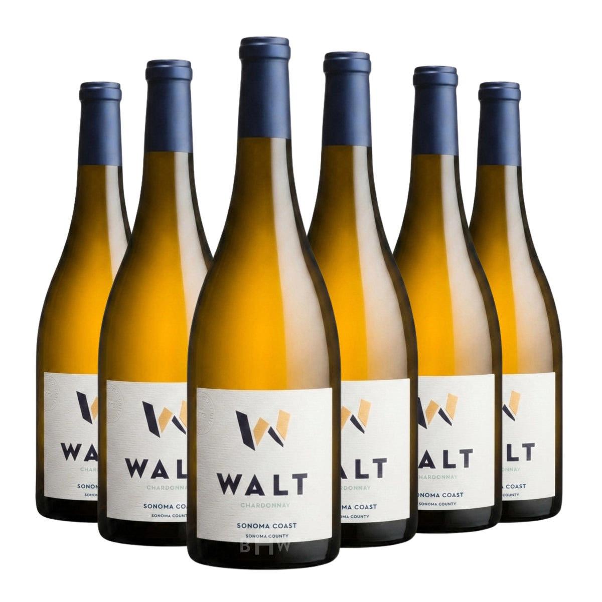 Six bottles of 2023 WALT Sonoma Coast Chardonnay white wine. Curated by Big Hammer Wines.