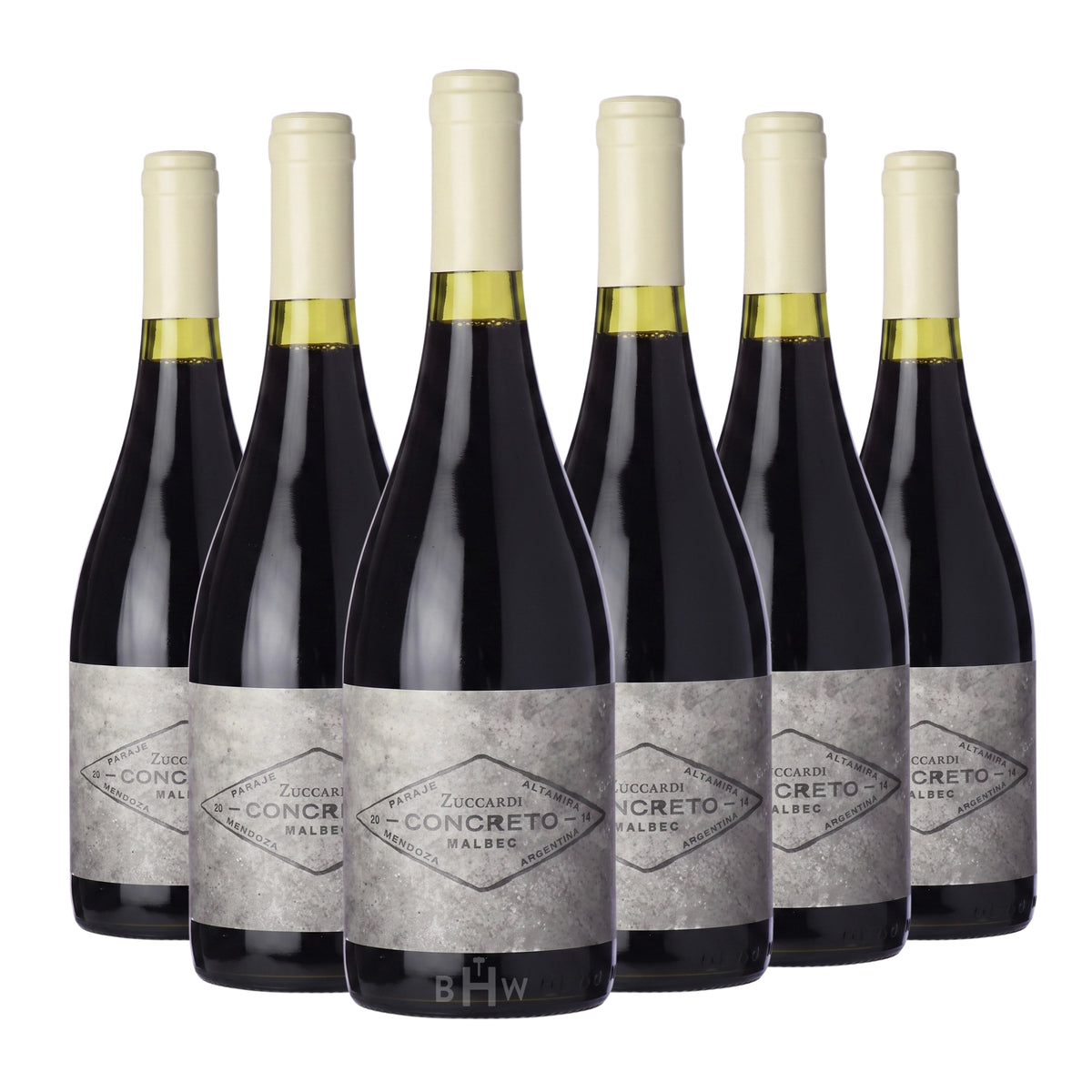 Six bottles of 2023 Zuccardi 'Concreto' Paraje Altamira Malbec red wine. Curated by Big Hammer Wines.