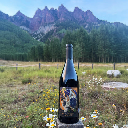 2023 Martellotto 'Velvet Riff' Pinot Noir Napa Valley bottle displayed with vibrant wildflowers against the majestic backdrop of Aspen’s White River National Forest