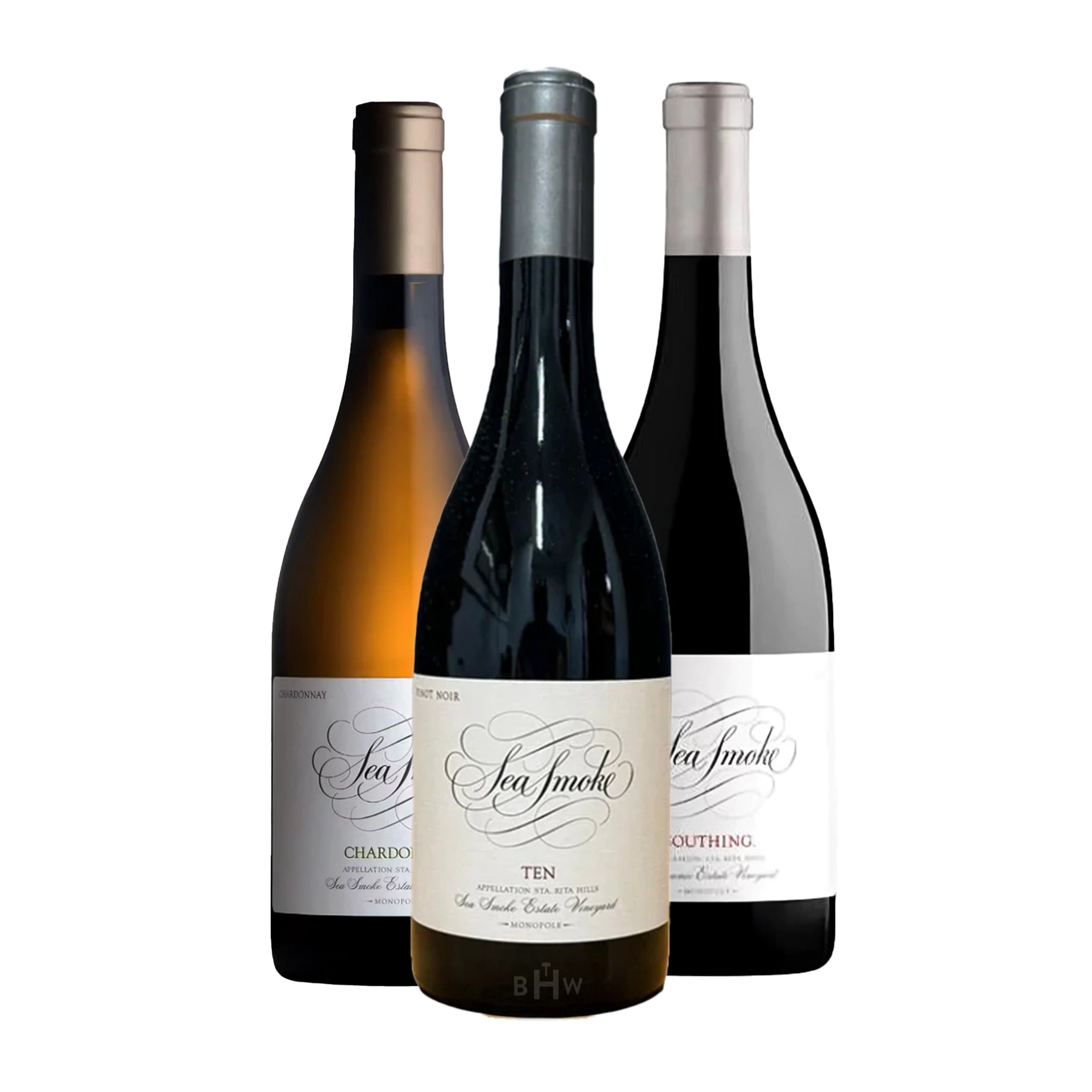 Three bottles of Sea Smoke wine on a white background