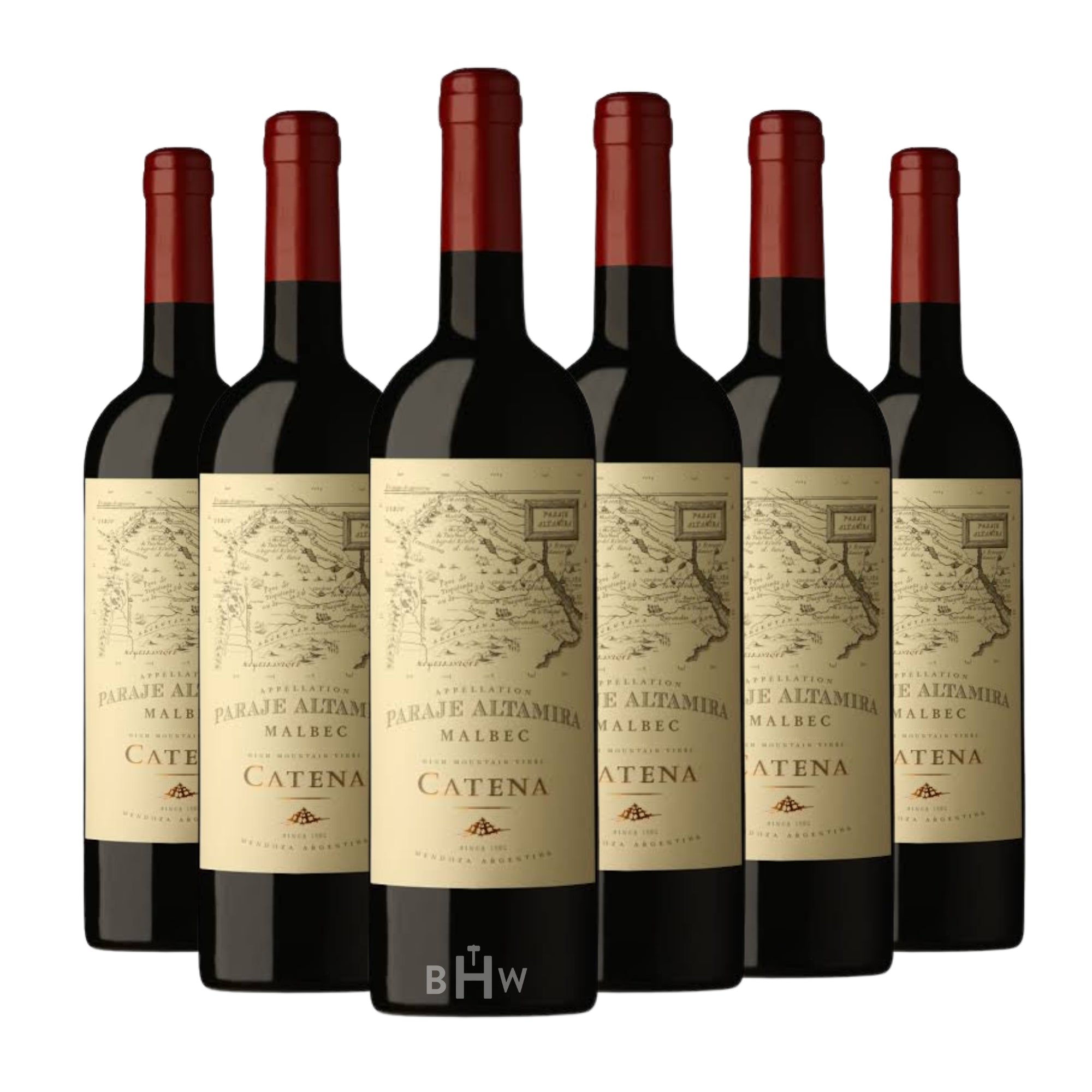 A six-pack of 2024 Catena Appellation Paraje Altamira Malbec 750ml wine bottles from Mendoza, Argentina, curated by Big Hammer Wines.