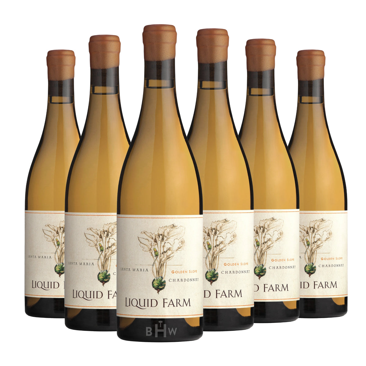 Six bottles of 2024 Liquid Farm 'Golden Slope' Santa Barbara Chardonnay white wine. Curated by Big Hammer Wines.
