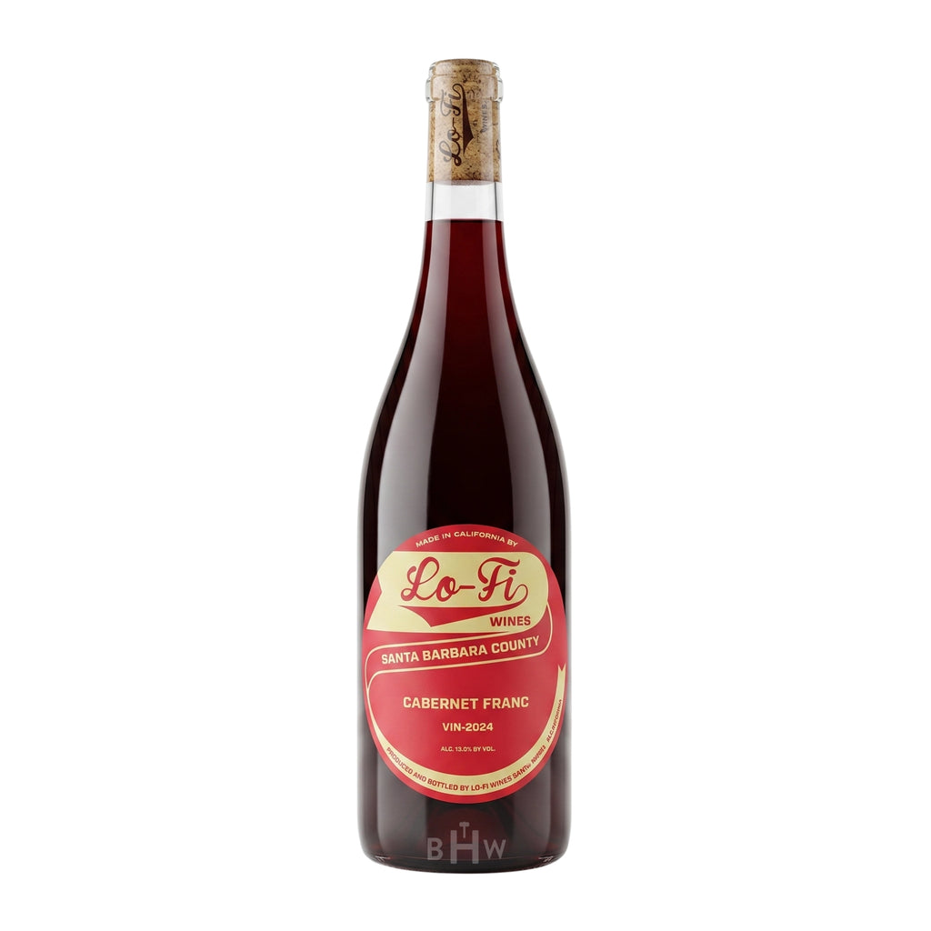 A full bottle of 2024 Lo-Fi Wines Cabernet Franc from Santa Barbara County, California, featuring a retro-styled cream and red oval label on a clear glass bottle showing the red wine inside, curated by Big Hammer Wines