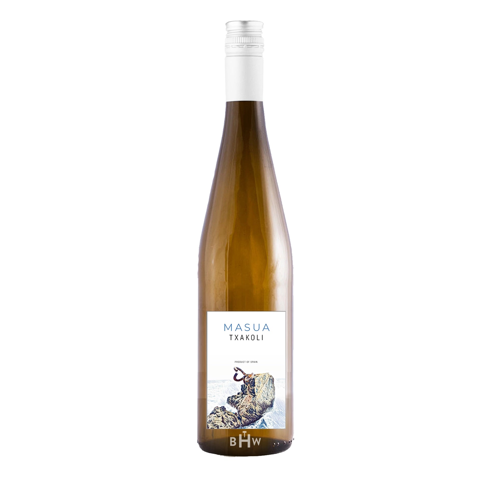 Masua Txakoli wine bottle with a label on a white background