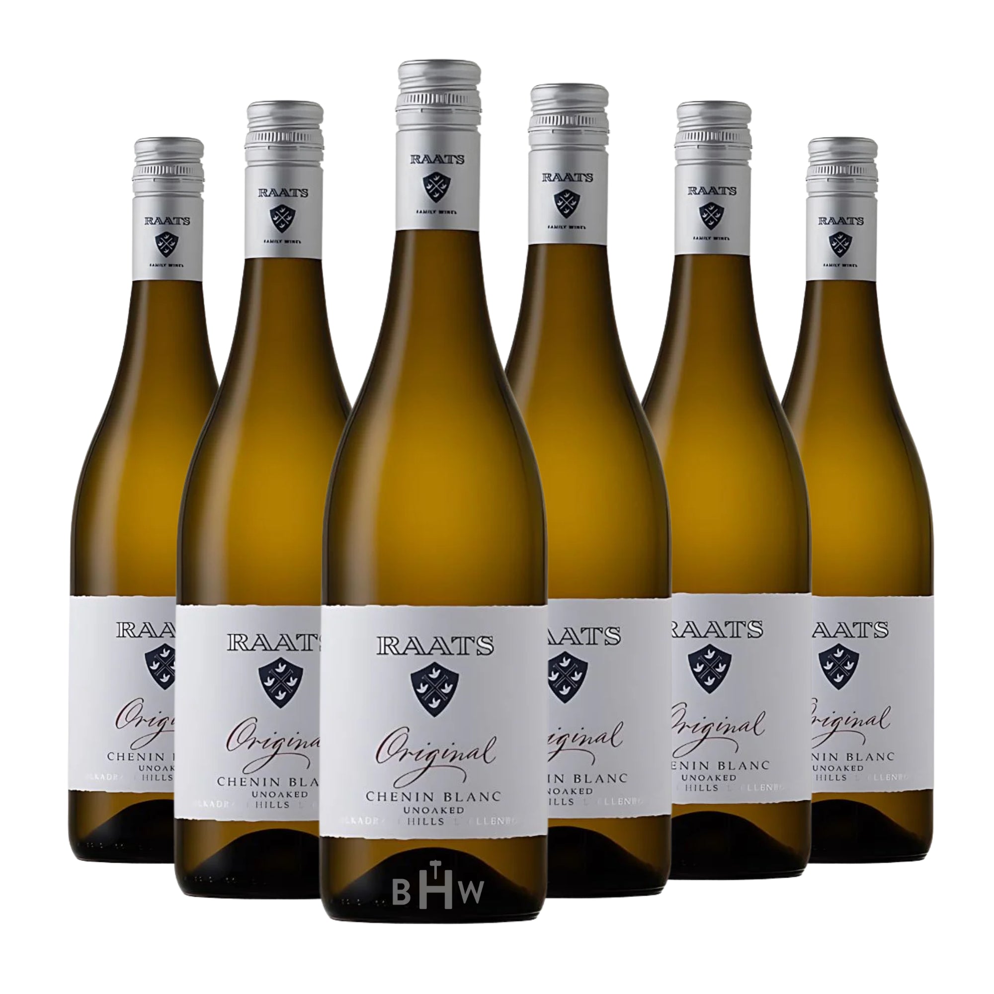 A six-pack of 2024 Raats Family Wines Original Chenin Blanc 750ml wine bottles from South Africa, curated by Big Hammer Wines.