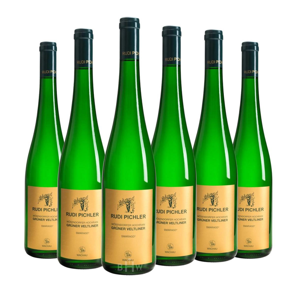 Six bottles of 2024 Rudi Pichler Wösendorfer Hochrain Grüner Veltliner Smaragd Wachau white wine. Curated by Big Hammer Wines.