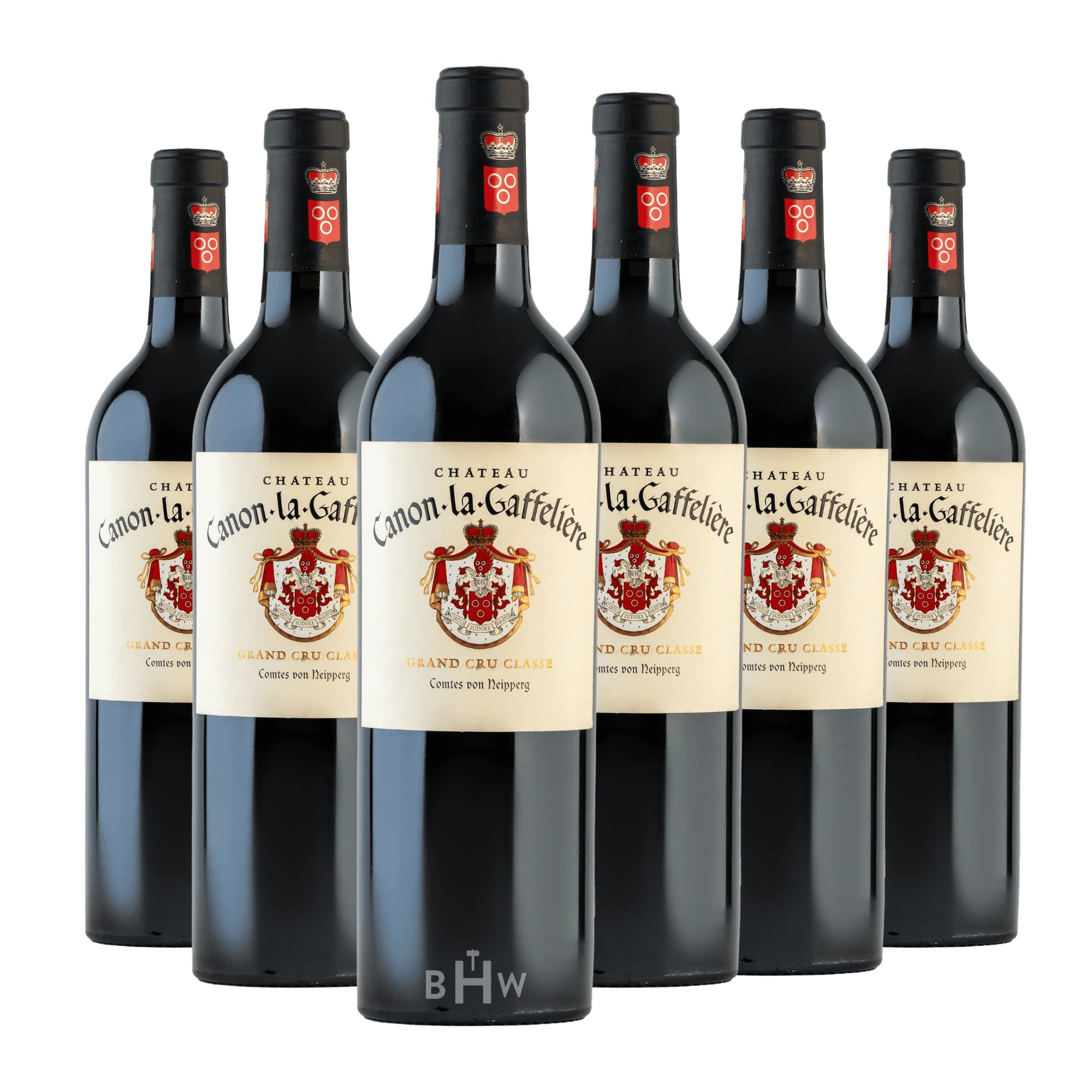 The elegant cream-colored label reads "Chateau Canon-la-Gaffelière" in script, featuring a detailed red and gold noble crest in the center above the text "GRAND CRU CLASSE" and "Comtes von Neipperg". Curated by Big Hammer Wines.