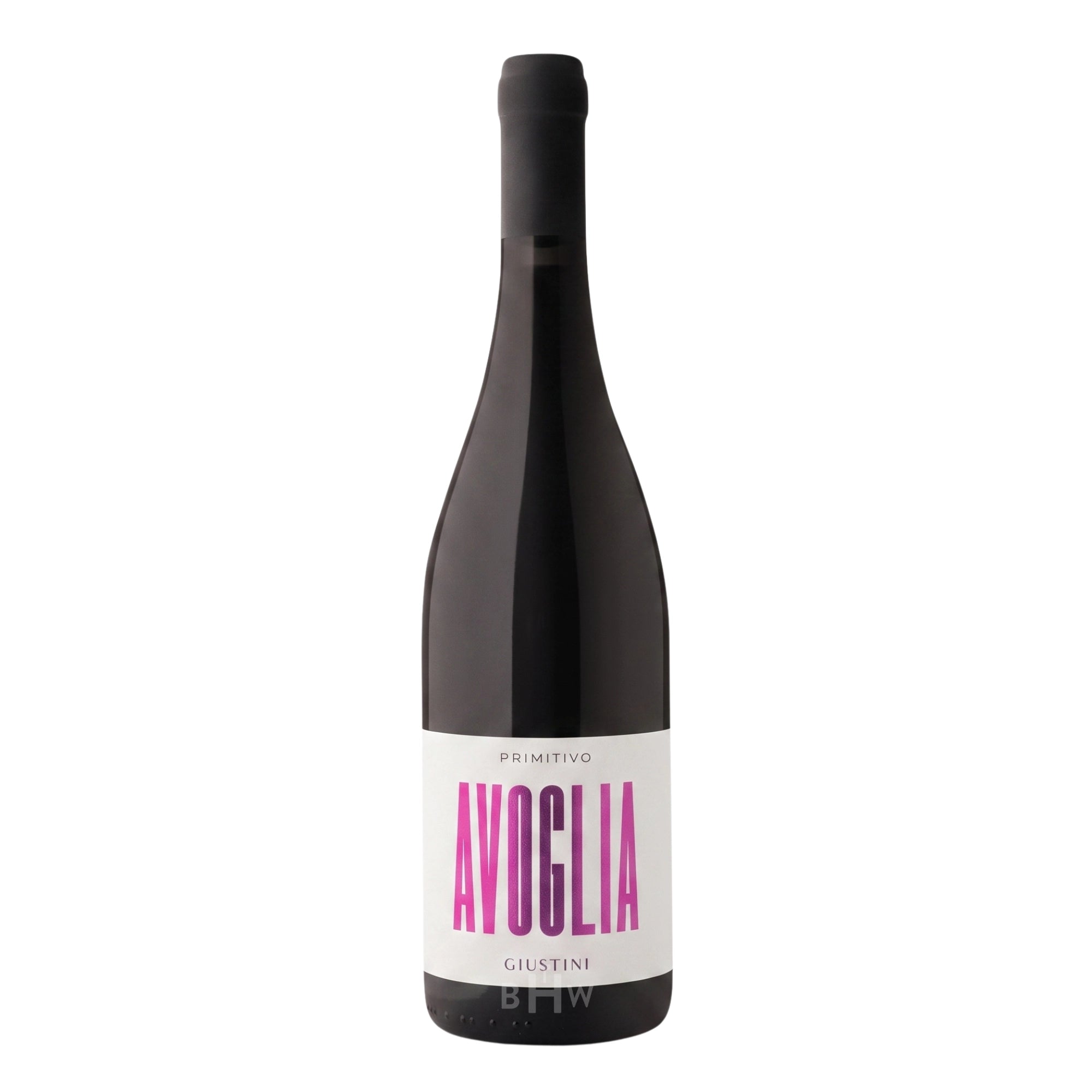 A bottle of 2025 Giustini Primitivo "Avoglia" Puglia red wine, curated by Big Hammer Wines.