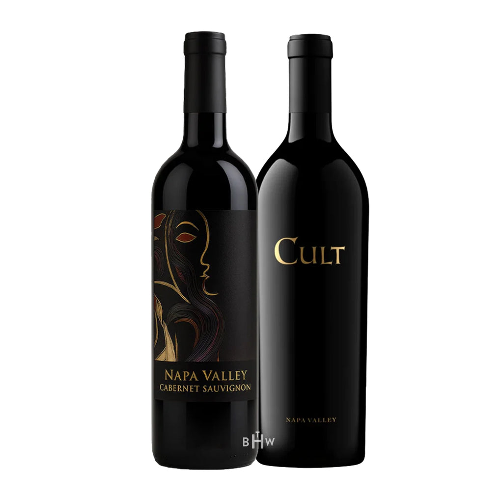 Two black wine bottles, one is Martellotto Kind of Noir and the other Cult Napa Valley.