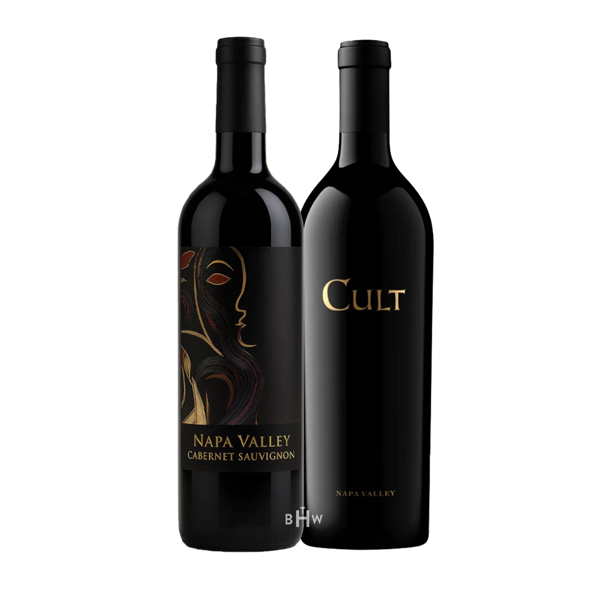 Two black wine bottles, one is Martellotto Kind of Noir and the other Cult Napa Valley.