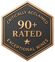 Hexagonal metallic bronze badge featuring 'Critically Acclaimed 90+ Rated Exceptional Wines' with a single star in the center