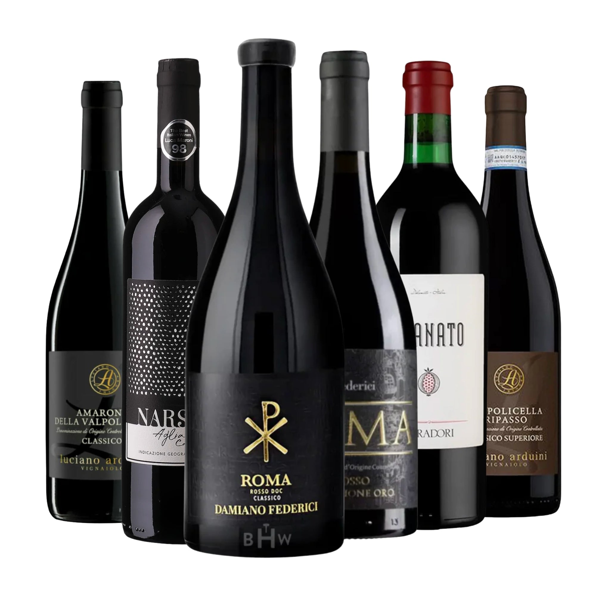 98 & 99-Point Italian Gems 6-Pack Sampler with 2022 Luciano Arduini Amarone della Valpolicella, Foradori Granato, Roma Rosso DOC, Aglianico Campania, and Valpolicella Ripasso, 750ml bottles