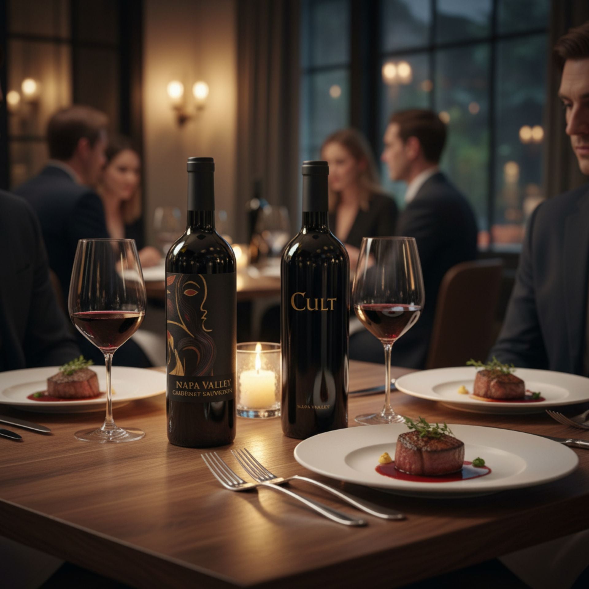 Bottles of 'Cult' and 'Kind of Noir?  wine on a table with plates of food and glasses in a restaurant setting.