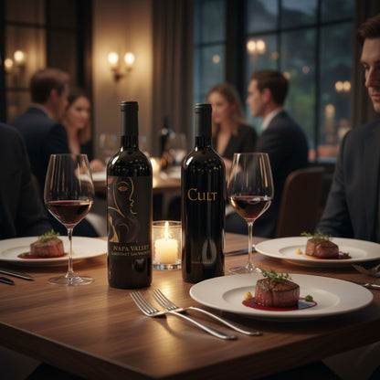 Bottles of 'Cult' and 'Kind of Noir?  wine on a table with plates of food and glasses in a restaurant setting.