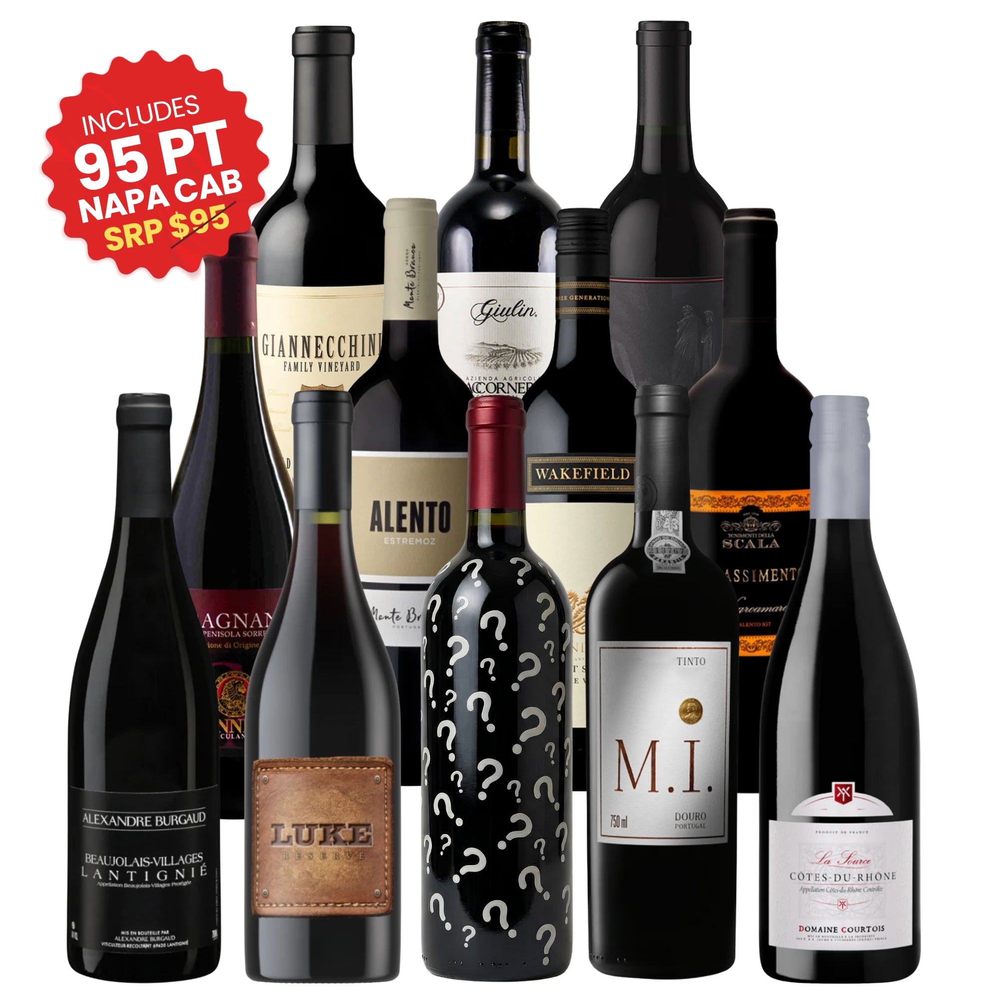 A collection of 12 assorted red wine bottles from the "Adventures in Wine" Wine Club, featuring a mystery bottle covered in question marks and a 95-point Napa Cabernet. Notable labels include Alexandre Burgaud, Luke Reserve, and Wakefield. A red seal highlights: "Includes 95 PT Napa Cab SRP $95." Curated by Big Hammer Wines.