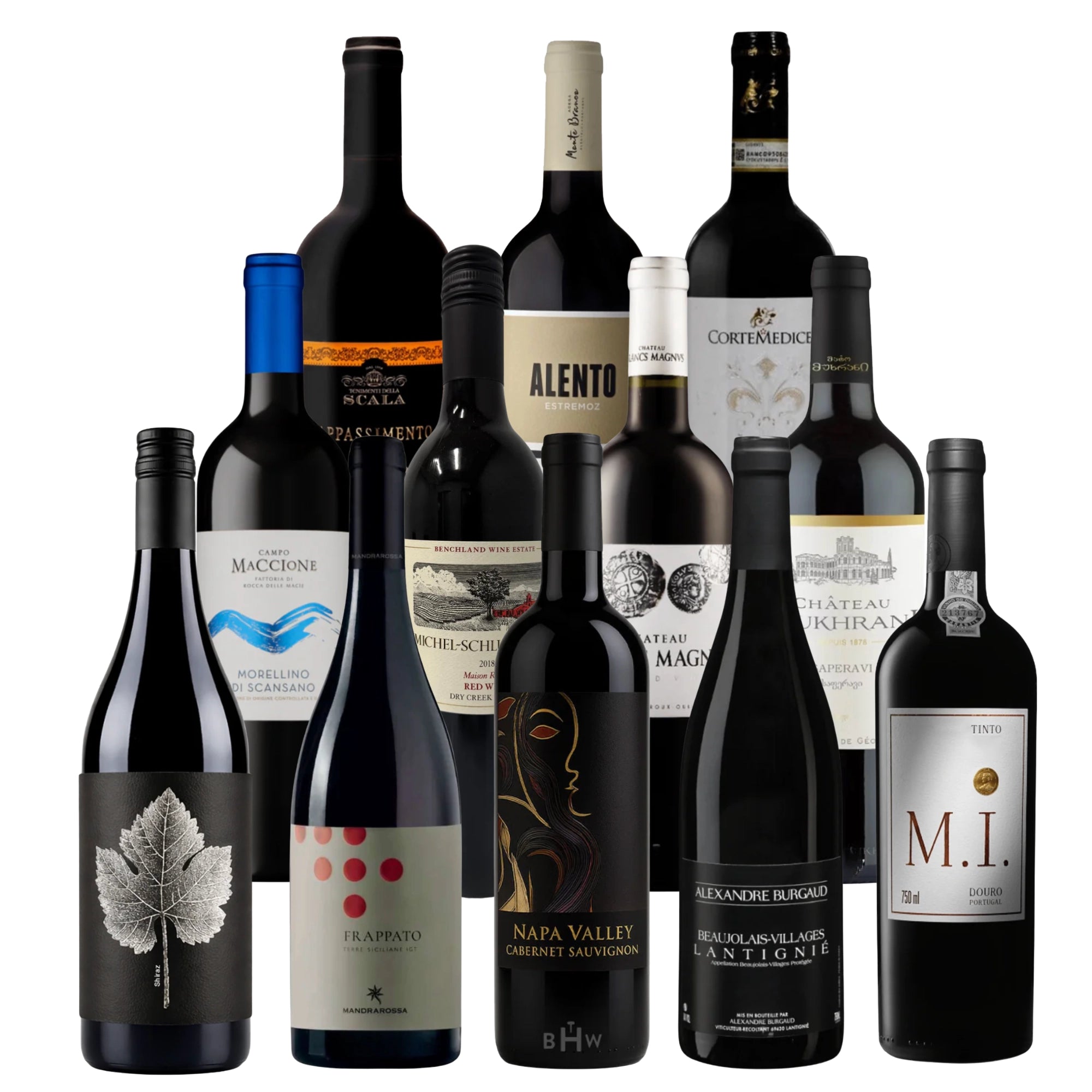Adventures in Wine 12-bottle wine club collection featuring Napa Valley Cabernet Sauvignon, Frappato, Beaujolais-Villages, Morellino di Scansano, and international red wines, 750ml bottles