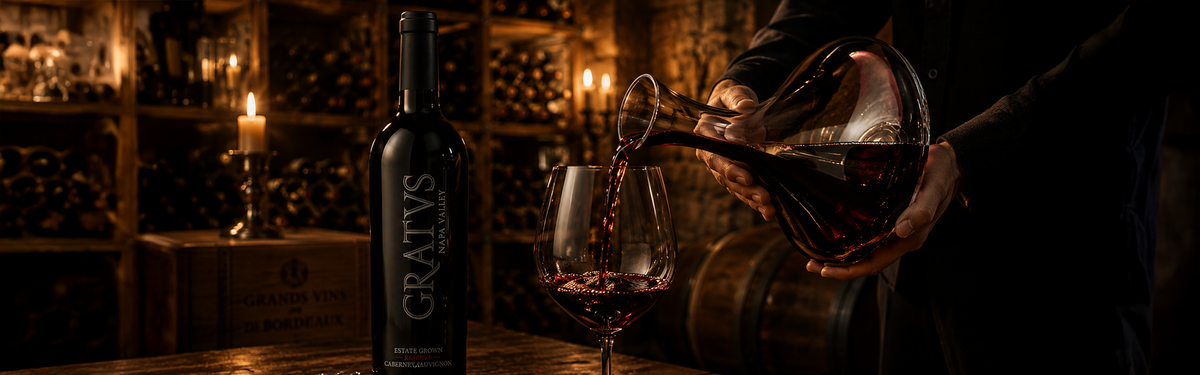 A sommelier pouring aged red wine from a decanter into a glass next to a bottle of Gratus Napa Valley wine in a candlelit cellar.