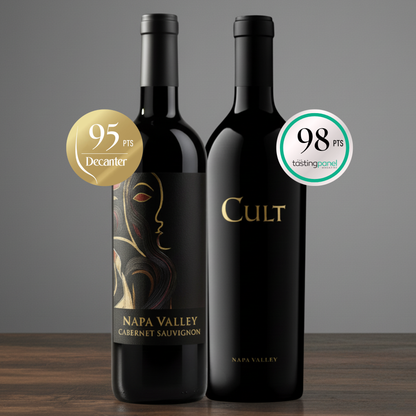 Two bottles of Cabernet Sauvignons with wine ratings labels.