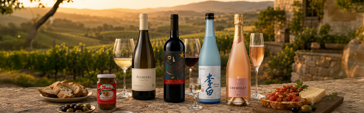 Diverse selection of wines, sake, and gourmet appetizers arranged on a stone ledge overlooking sunset vineyards.