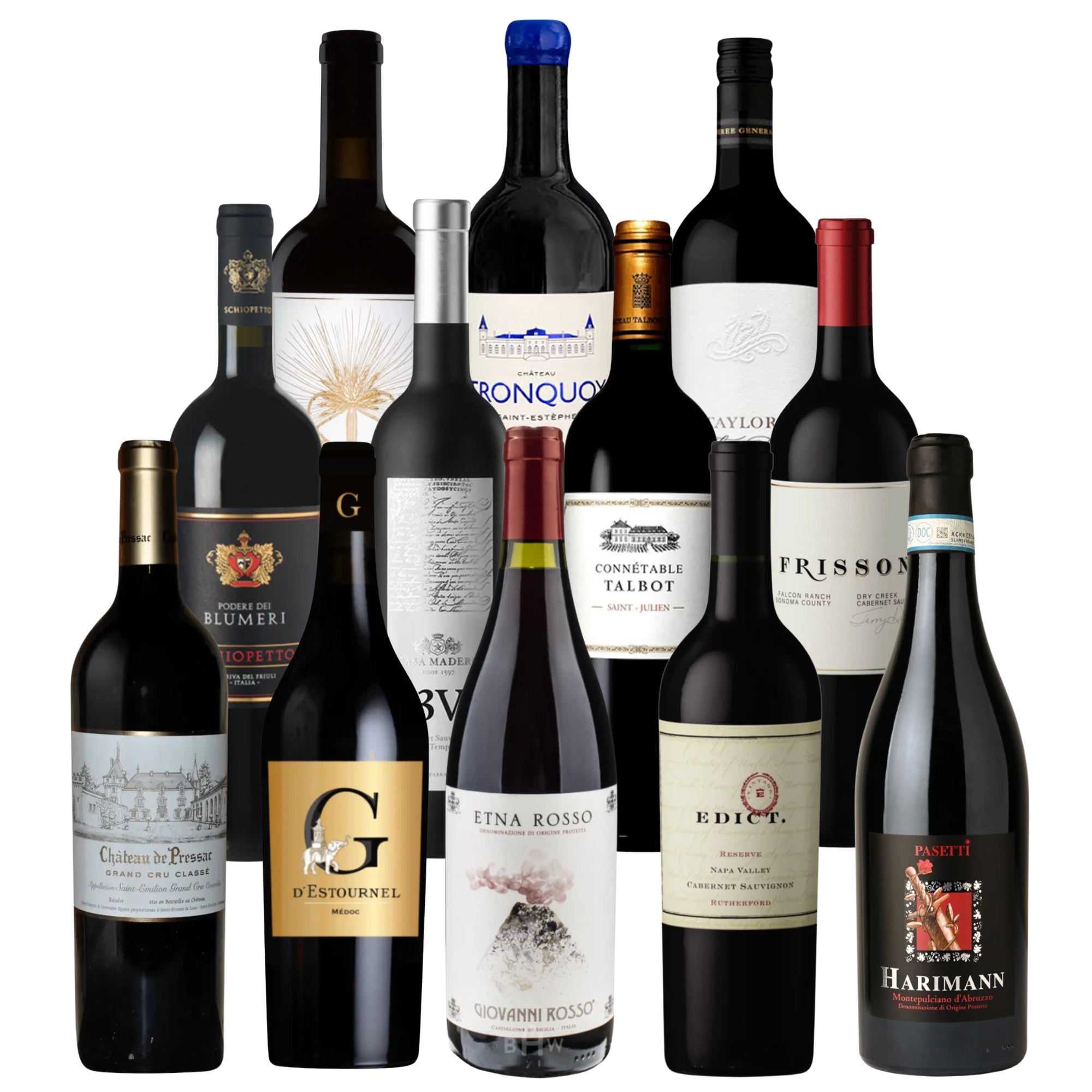 BHW Premier Red Wine Club 12-Pack featuring top Napa Valley Cabernet Sauvignon, Bordeaux Grand Cru, Etna Rosso, and other premium international red wines, 12x750ml bottles curated by Big Hammer Wines