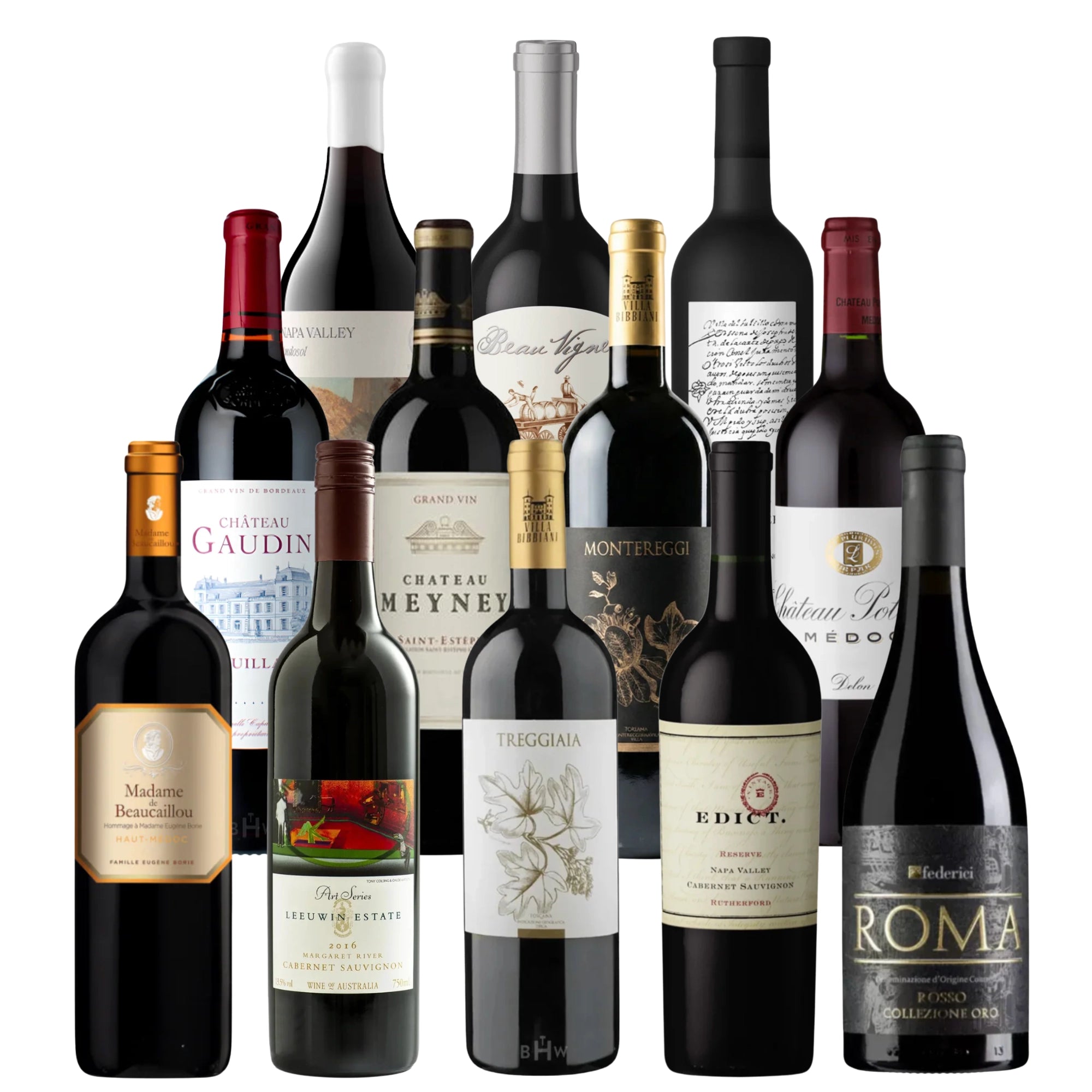 Italian Ambassador’s Top 12 Italian red wine collection featuring Brunello di Montalcino, Amarone della Valpolicella Classico, Langhe Nebbiolo, Etna Rosso, and Bolgheri Rosso, 750ml bottles