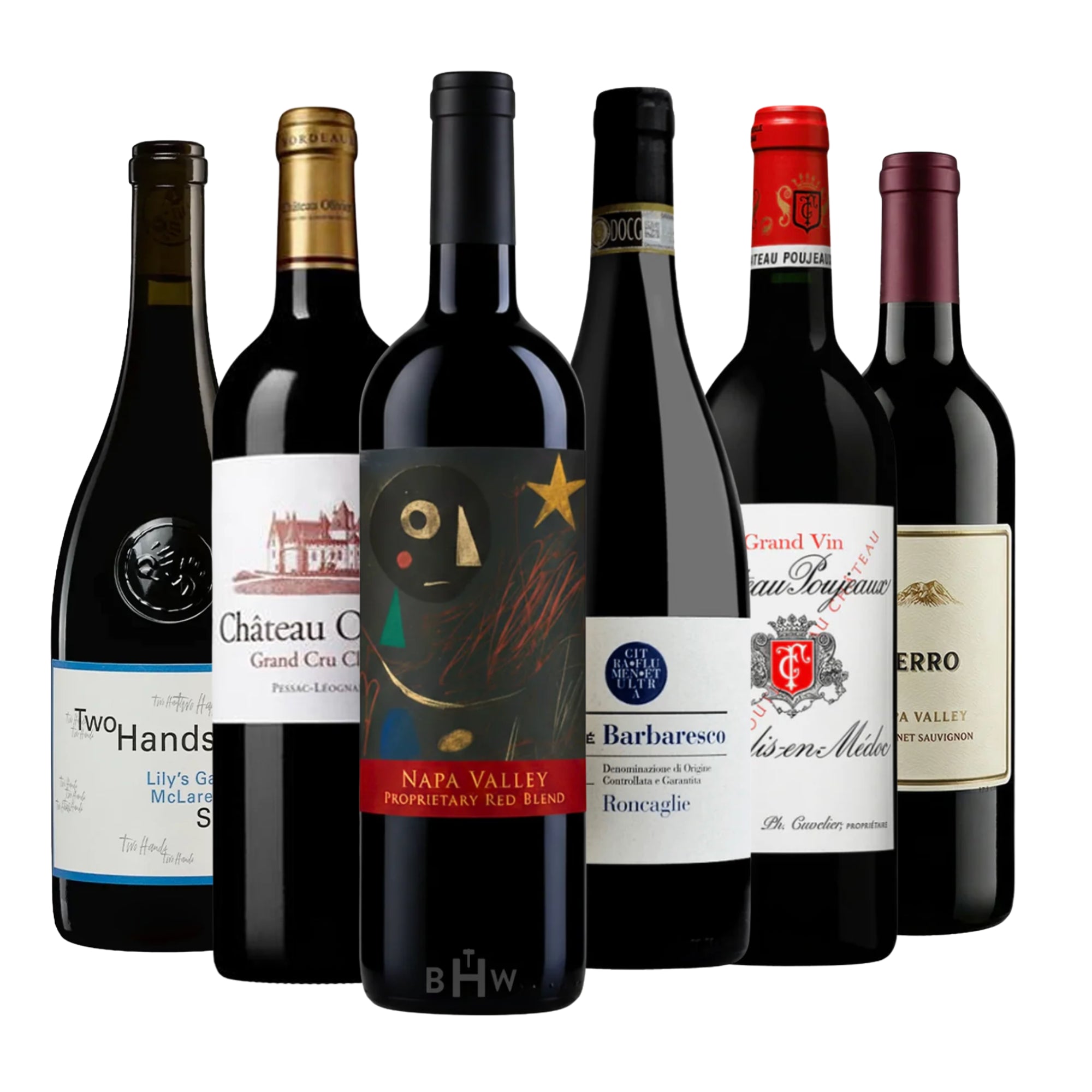 A curated collection of six bottles from the BHW Premier Red Wine Club. The assortment includes prestigious labels such as a Napa Valley Proprietary Red Blend, Two Hands Lily's Garden Shiraz, Château Poujeaux, and Barbaresco, curated by Big Hammer Wines.