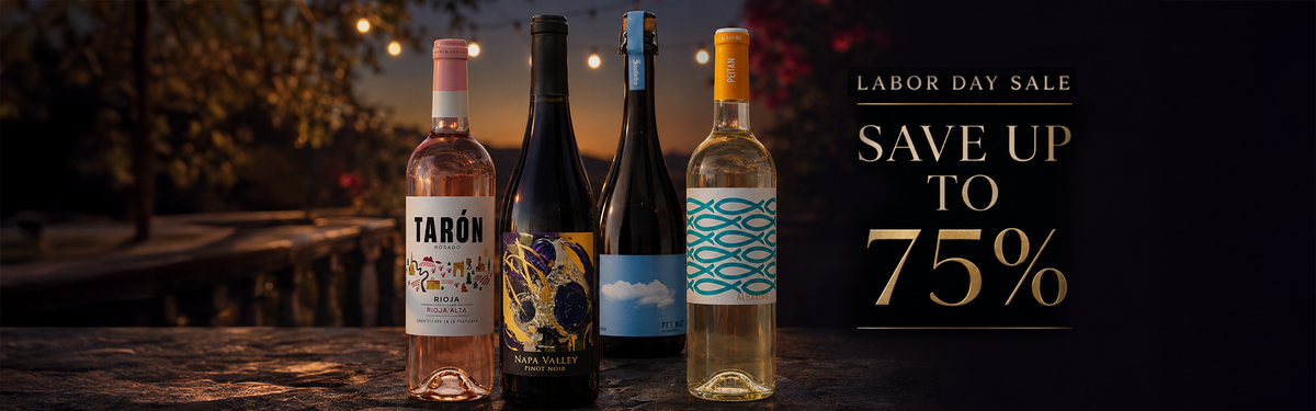 Labor Day Sale banner featuring four bottles of wine with text reading "Save Up To 75%".