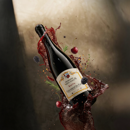 Wine bottle with label splashing onto a dark surface