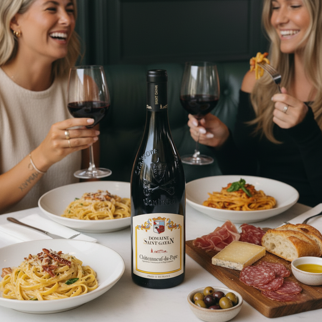 Two women enjoying a meal with pasta, wine, and charcuterie.