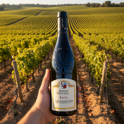 Bottle of wine held in front of a vineyard